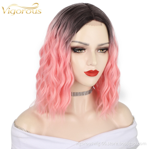 Colorful Ombre Wholesale For Women Pre Plucked Deep Wave Heat Resistant Short Bob Cut Wigs Lace Front Synthetic